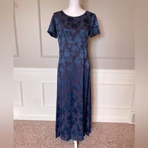 Vintage Laura Ashley long dress 8 jacquard acetate floral navy sheen tea 90s Y2K